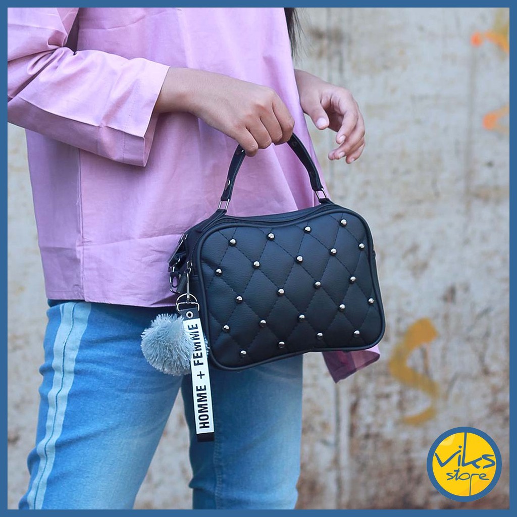 Tas Kerja Wanita Cewek Tas Jinjing Selempang Handbag Slingbag Tas Tangan Kulit Sintesis Hitam Polos