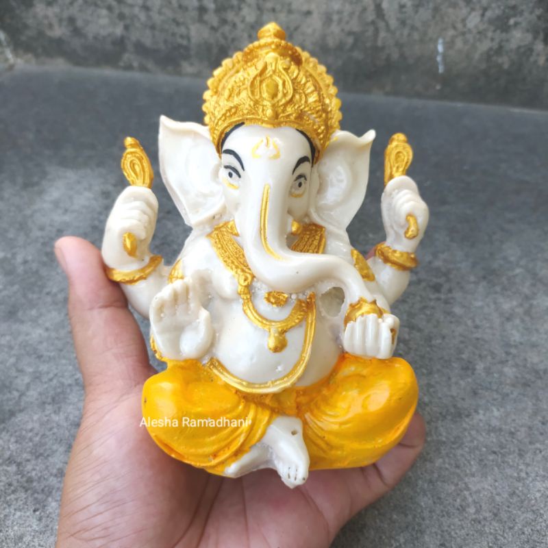 Patung Baby Dewa Ganesha Warna Putih Emas | Pajangan Dewa Ganesa Resin