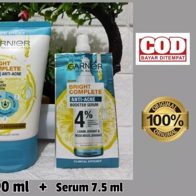 Paket ISI 2  Garnier Bright Complete 3 in 1 Anti Acne 90 ml + Serum Garnier Anti Acne 7.5 ml | Paket