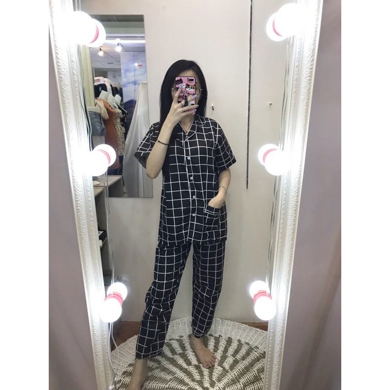 piyama/pajamas kotak&quot; CP cwe katun black.bajutidur/homewear/sleepwear katun CP cwe kotak&quot;cwekekinian