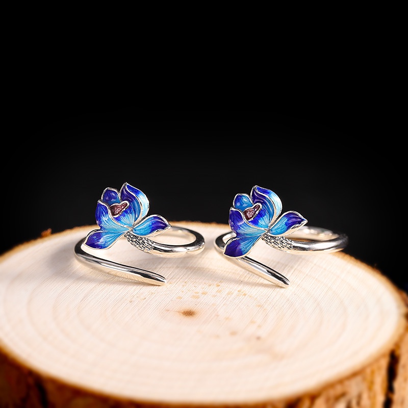 Cincin Model Terbuka Desain Bunga Teratai cloisonne Warna Biru Polos Gaya retro Untuk Wanita