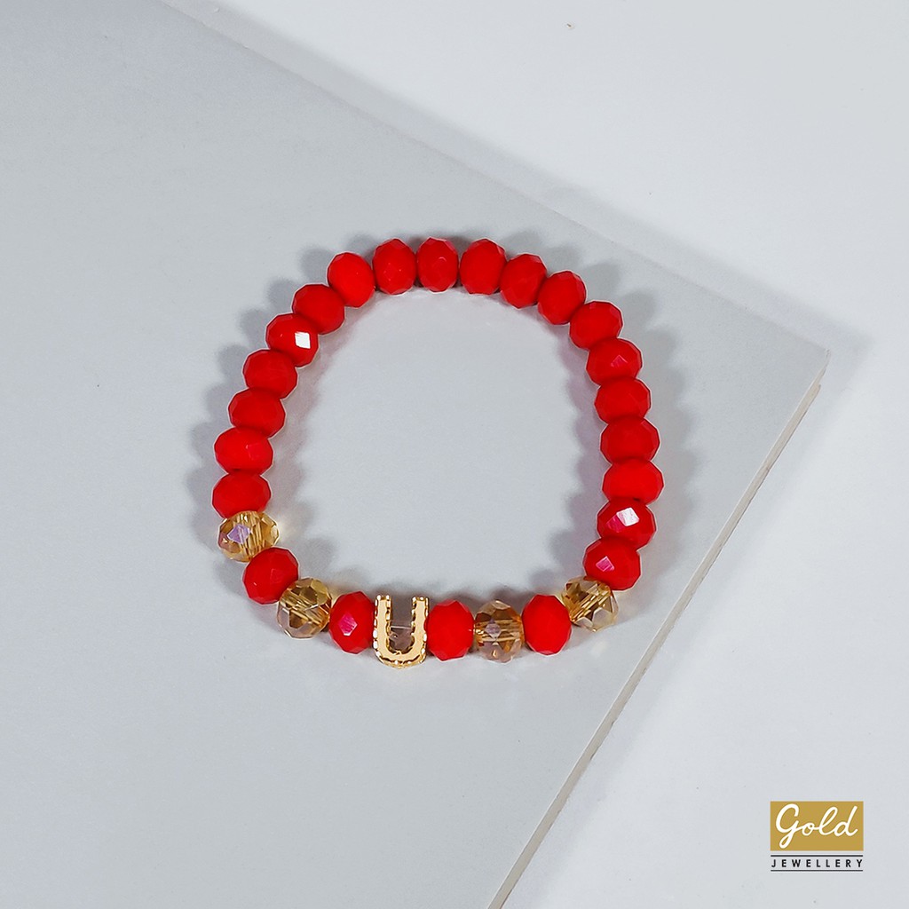 Gelang tali emas kuning kadar 700 70% charm inisial U bsr batu merah