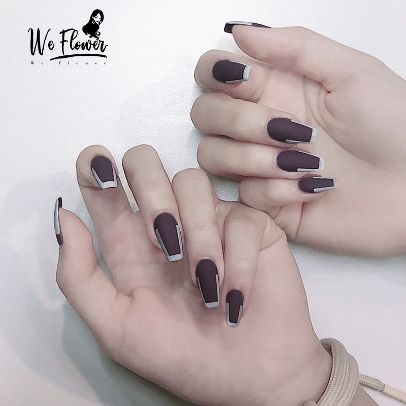 Magic789 24pcs / Set Kuku Palsu Warna Coklat Tua Matte Untuk Nail Art / Manicure Diy