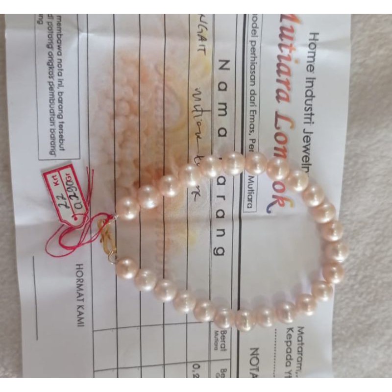 Gelang mutiara air tawar super lombok asli pengait emas 22 karat