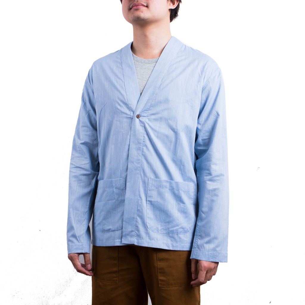 QUTN Kimono Luaran Pria Lengan Panjang Throw On V - Sky Linen Fabric