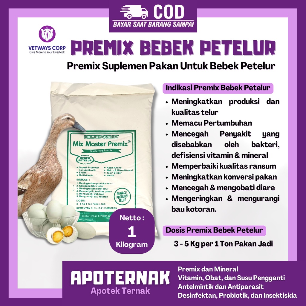 PREMIX BEBEK PETELUR PREMIUM QUALITY 1 KG | Suplemen Tambahan Pakan Bebek Petelur  | Pemacu Produksi Telur | Apoternak