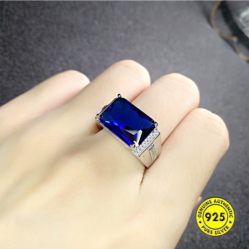 Cincin Sapphire Bentuk Kotak Bahan S925 Silver Untuk Pasangan