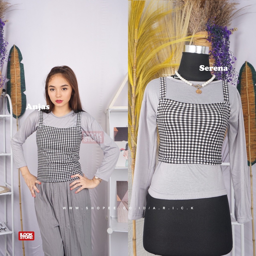 ilook | Tanktop Anjas | Tanktop Serena Gingham | Tanktop Outer Bahan Creap Motif Kotak-HITAM