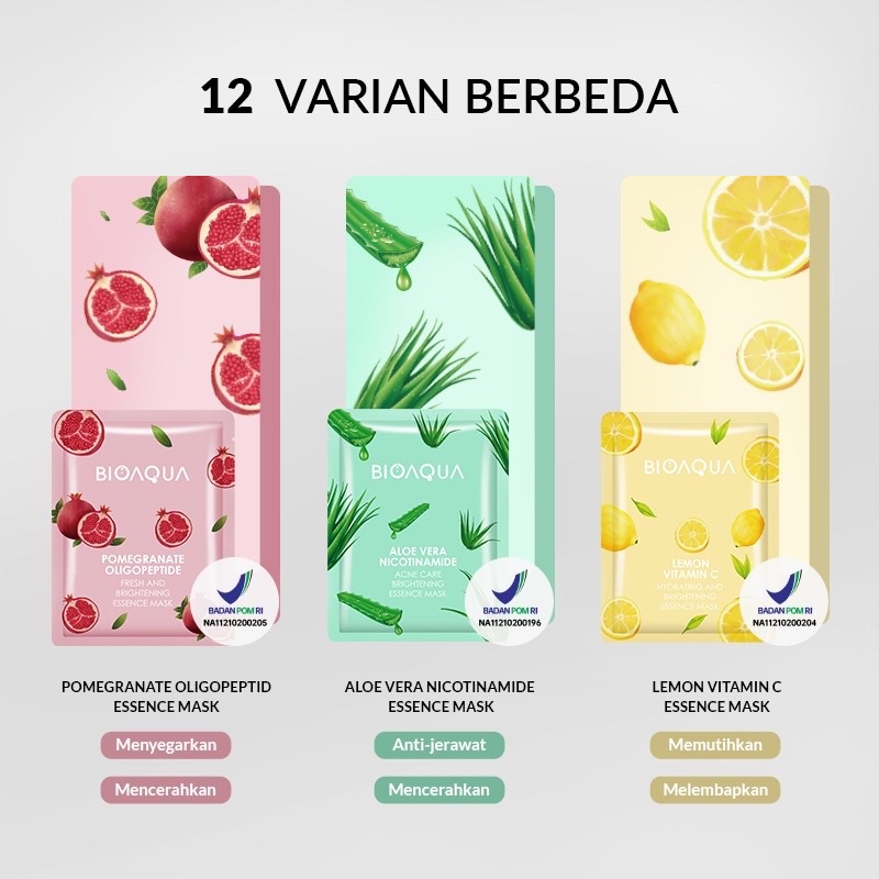 BIOAQUA Sheet Mask 12 variant Brightening Moisturizing Skin Care Hydrating Essence Face Mask Anti aging Masker Wajah Glowing Bpom