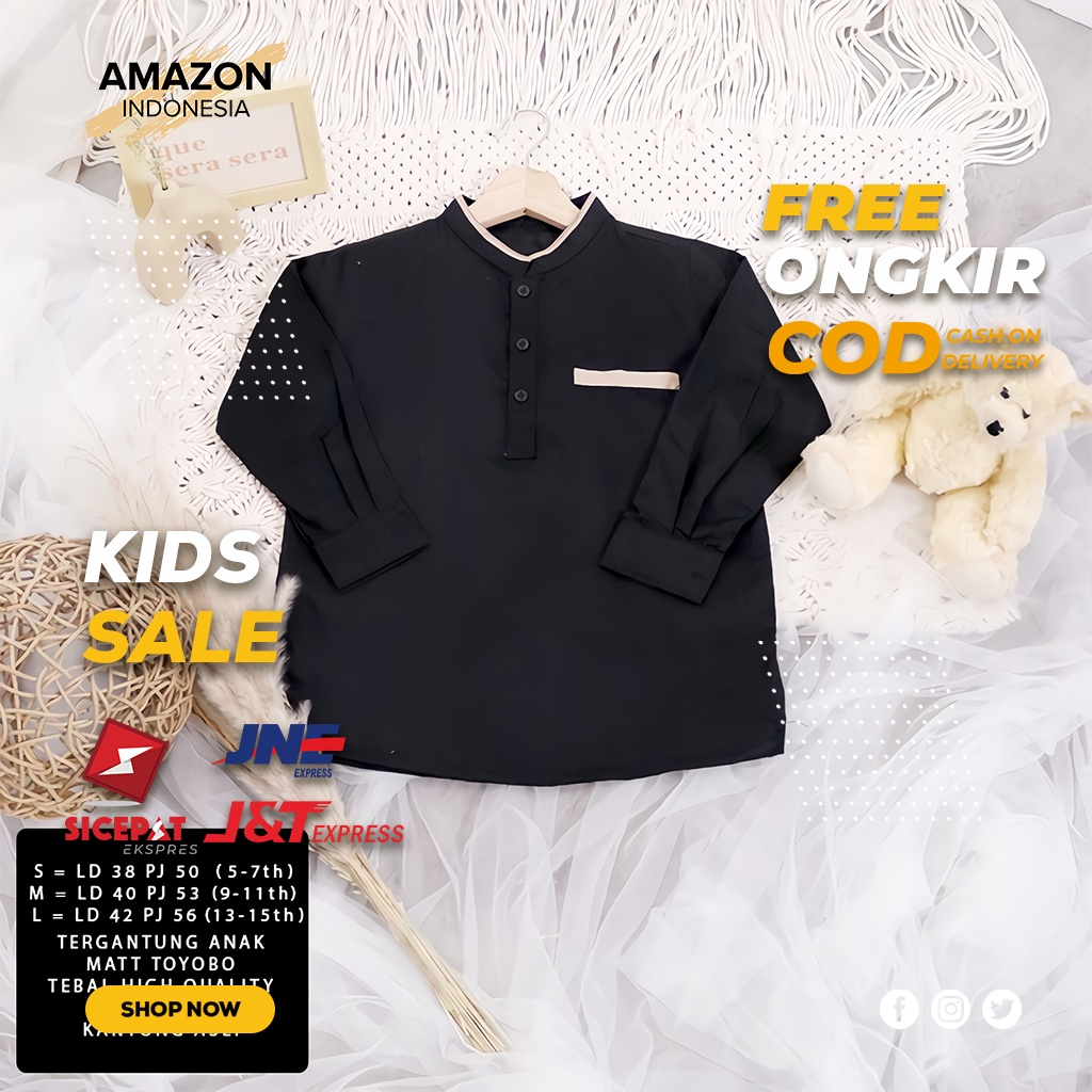 BAJU MUSLIM ANAK LAKI LAKI PAKAIAN MUSLIM ANAK PRIA LENGAN PANJANG WARNA BLACK HITAM POLOS KATUN TEBAL