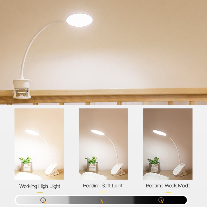 Lampu Meja Belajar Kerja Make Up LED Baterai Jepit Circle Design Lampu Tidur di Kamar 3 Mode Cahaya