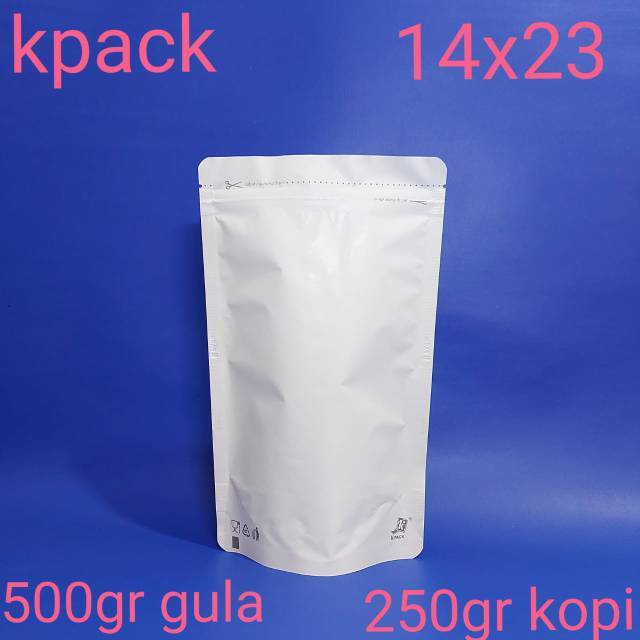 kemasan kopi kemasan kripik standing pouch alumunium foil putih 14x23