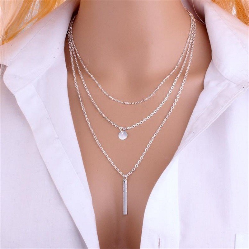 AZ021 Chain Necklace 3in1 Kalung Rantai 2 Layer Hias Liontin Bentuk Kunci Dan Gembok Untuk Aksesoris Wanita