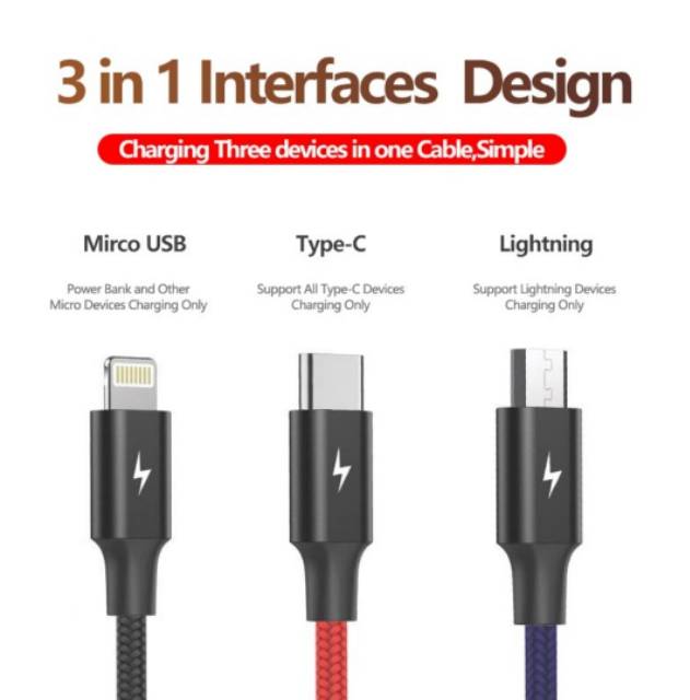 Joyseus 3 in 1 Kabel Charger Micro USB Type C iPhone Lightning - JC13