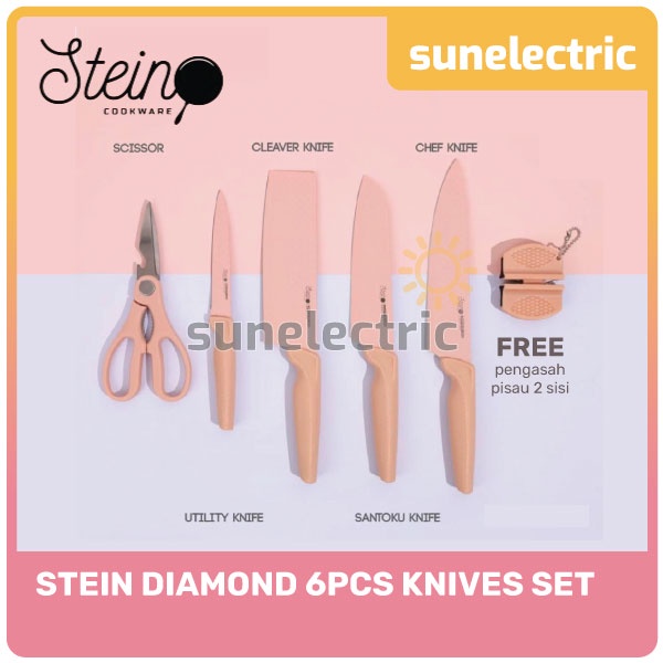 Stein Diamond Kitchen Knives Set 6 in 1 Stainless Steel Non - Stick Coating Pisau + Gunting + Pengasah Baja &amp; Ceramic 2in1 Stein Cookware Knife + Scissor Anti Lengket - Pink