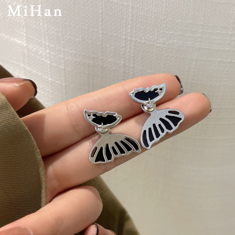 IFYOU Anting Stud Desain Sayap Kupu-Kupu Warna Silver Gaya Korea Untuk Wanita