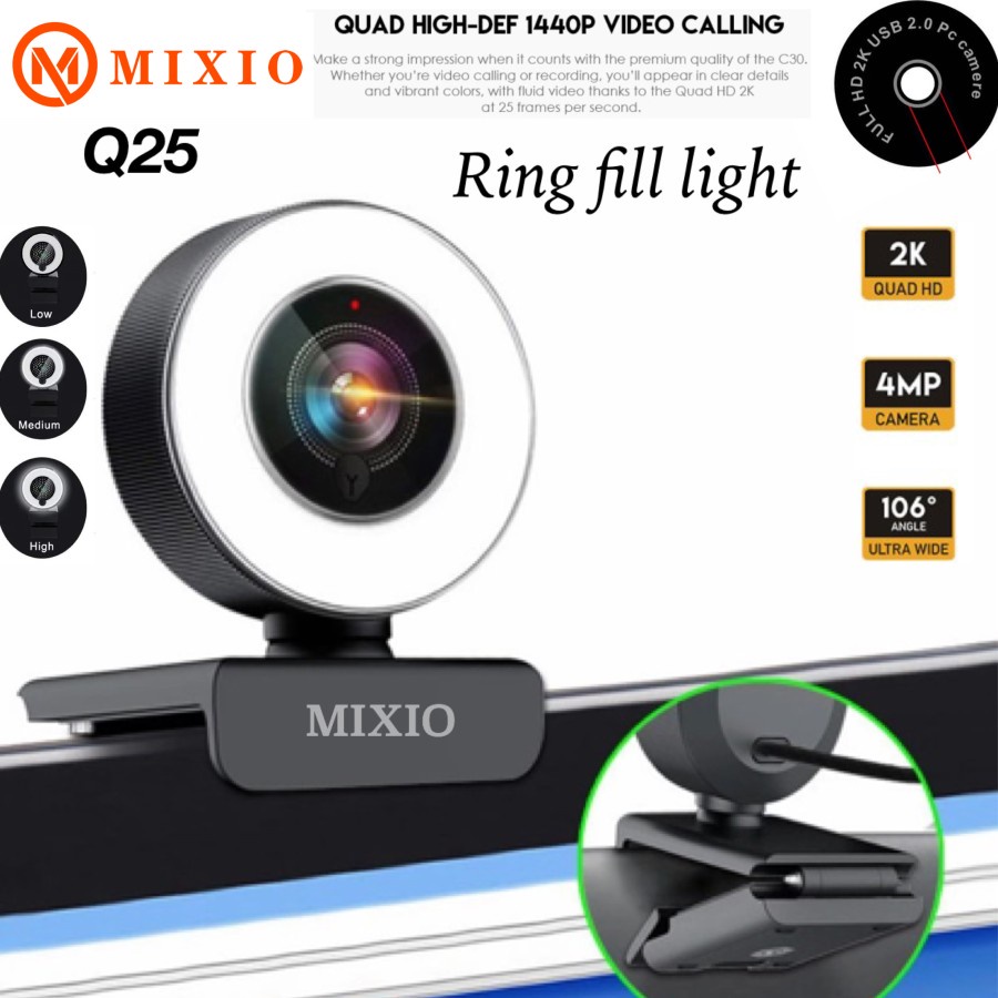 Webcam 2K 4MP QHD 1440P FULL QHD Ring light camera