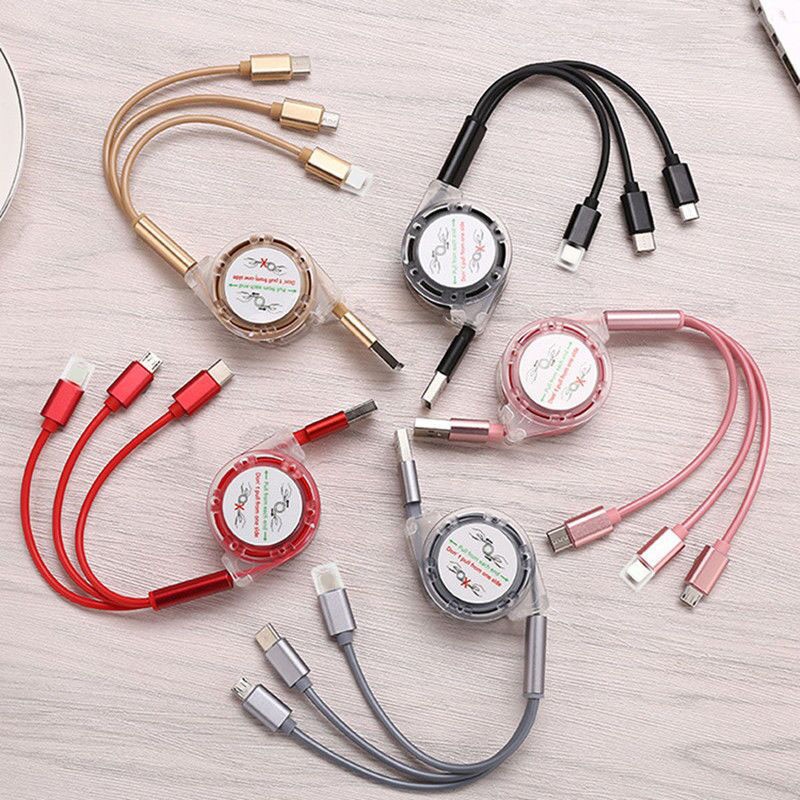 3 In 1 Kabel Data / Charger Micro USB Tipe C 2.4A Fast Charging Retractable Bahan TPE Untuk Handphone