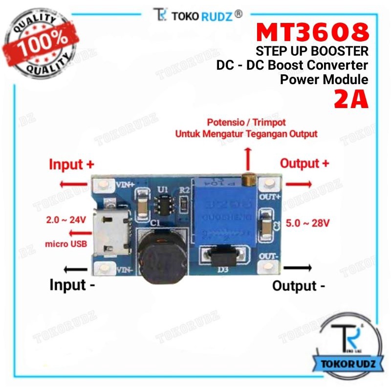 MT3608 Step Up DC to DC 2A Konverter Booster Modul StepUp Penaik Tegangan Volt