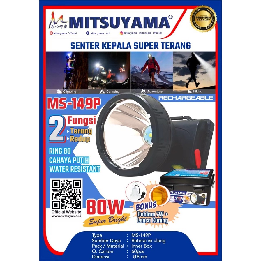 SENTER KEPALA MITSUYAMA SUPER TERANG 80WATT BONUS BOHLAM LED 7W