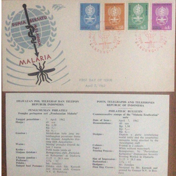 

Sampul Hari Pertama (SHP / FDC) Prangko KAMPANYE ANTI MALARIA th 1962