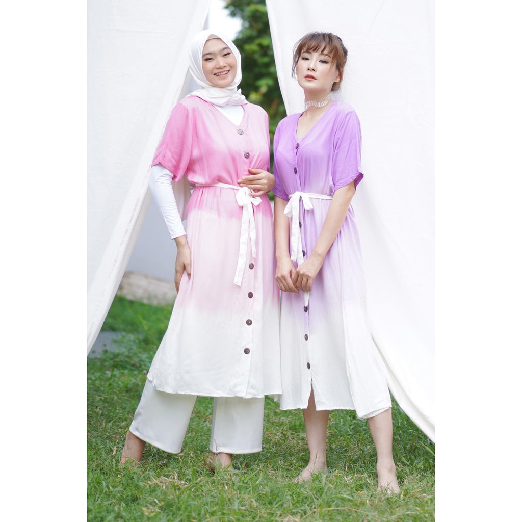 JANE COLLECTION || Maxi Dress Casual Tie Dye Ombre Katun Rayon Polos Jumbo XXL Free Belt Kancing Legian Dress Pantai OOTD Bali Flowy Putih V Neck