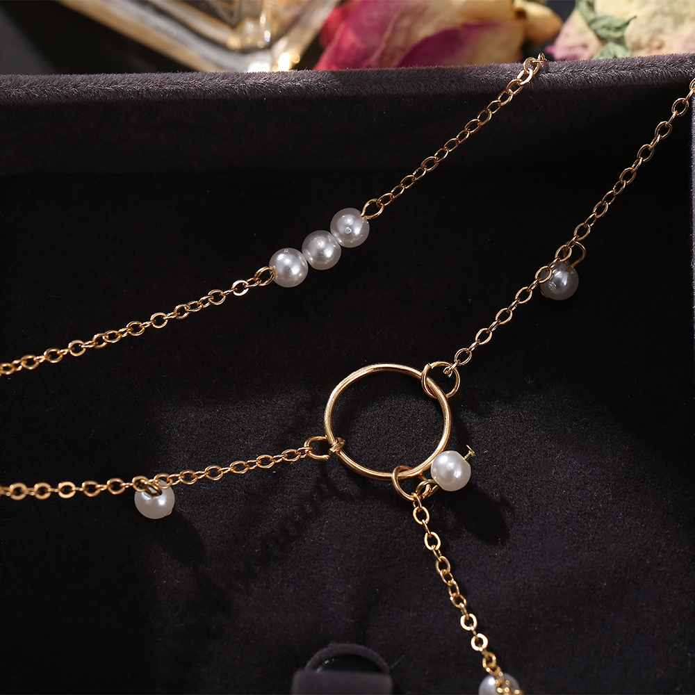 YEEZII Kalung Rantai Banyak Lapis Dengan Liontin Mutiara Warna Emas Untuk Wanita