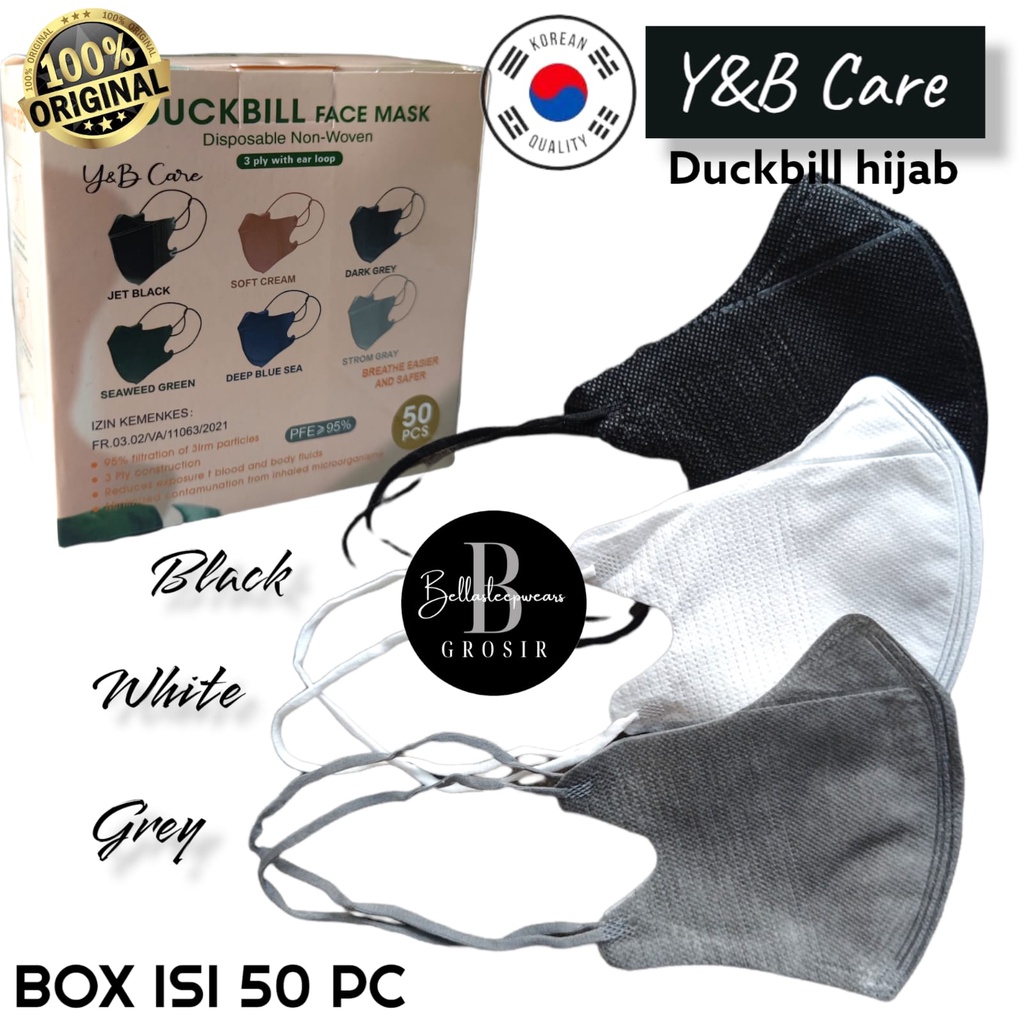 HIJAB DUCKBILL YB 50 - MASKER DUCKBILL 3PLY HIJAB GARIS Y&amp;B CARE KOREA PUTIH HITAM ABU