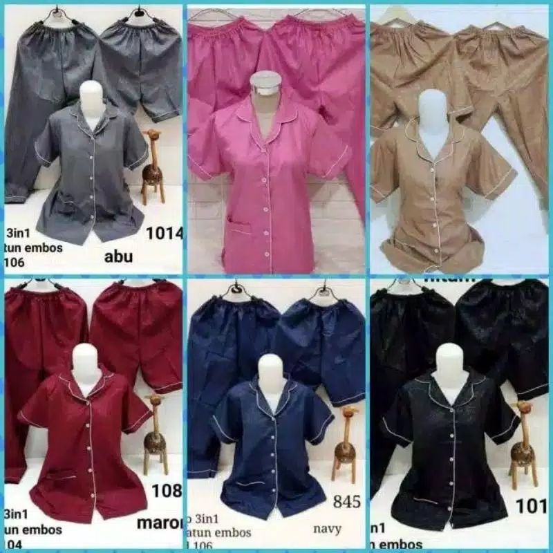 BJ - Piyama CP 3in1 Wanita Murah Dewasa Satin Embos