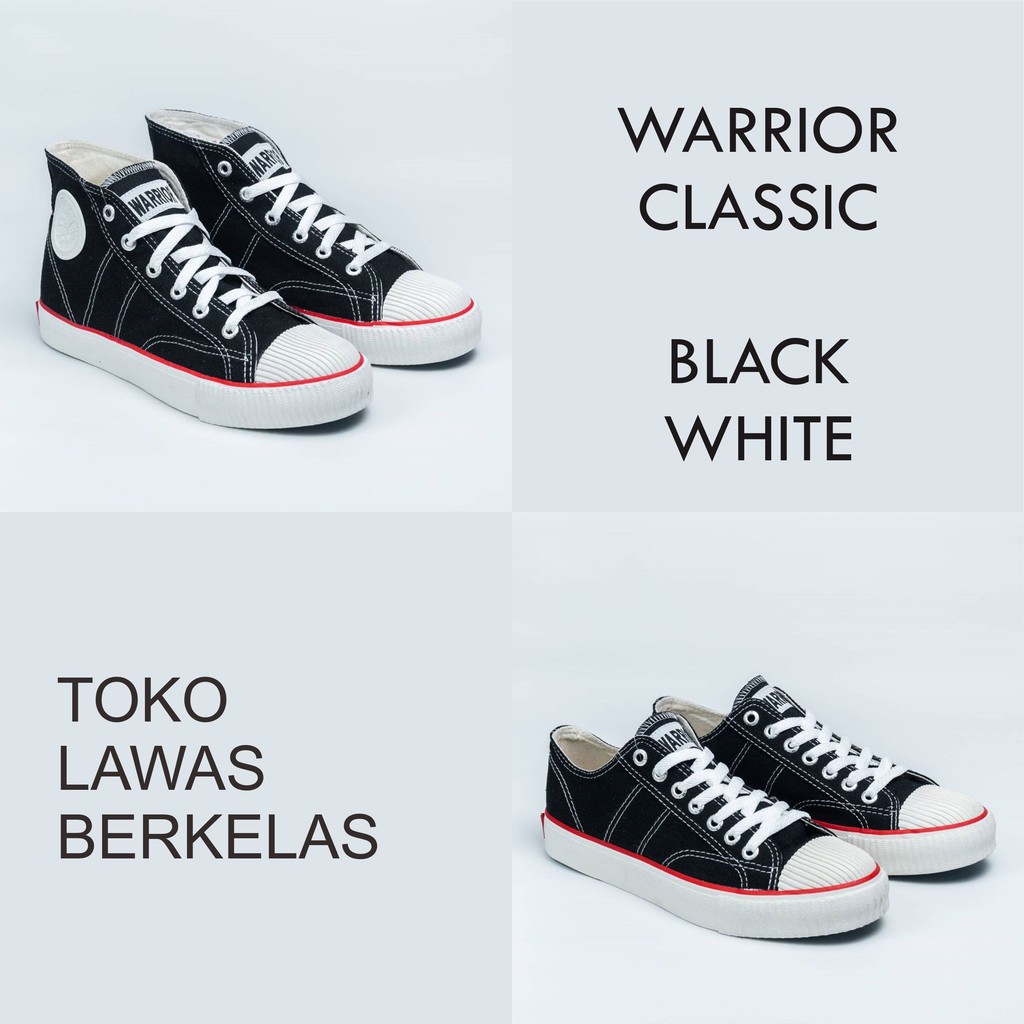 SEPATU WARRIOR CLASSIC HITAM PUTIH LC dan HC - WARRIOR  BLACK WHITE Low Cut (LC)  & High Cut (Hc) BW