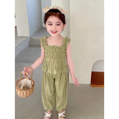 Setelan Baju Kerut Anak Perempuan Yukensi Lekbong / Setelan Baju Anak Sabrina Kerut Tanpa Lengan Cel