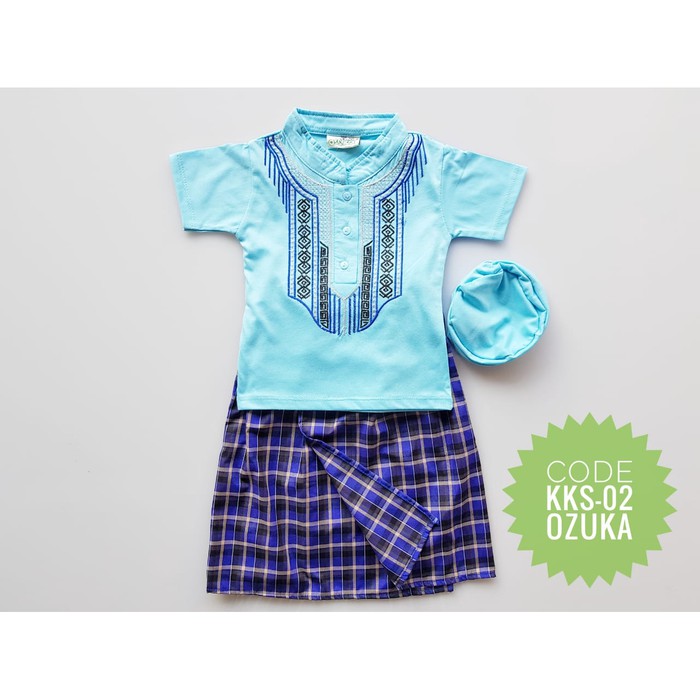 Sarung Anak/Sarung Remaja FR614  Koko Free Peci Baju Bayi Muslim Besar 1-2 Tahun - Biru Muda