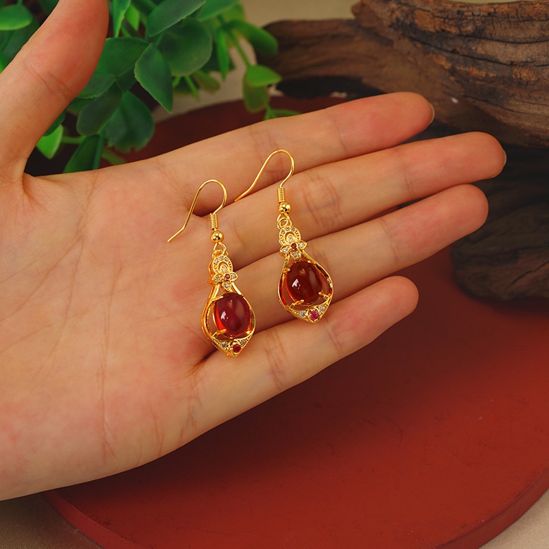 Goldkingdom Perhiasan Fashion 24K Bangkok Aksesoris Ready Stock Lapis Emas Asli Kadar 375 Panjang Rumbai Micro Set Emerald Ruby Elegan Drop Earrings Untuk Wanita