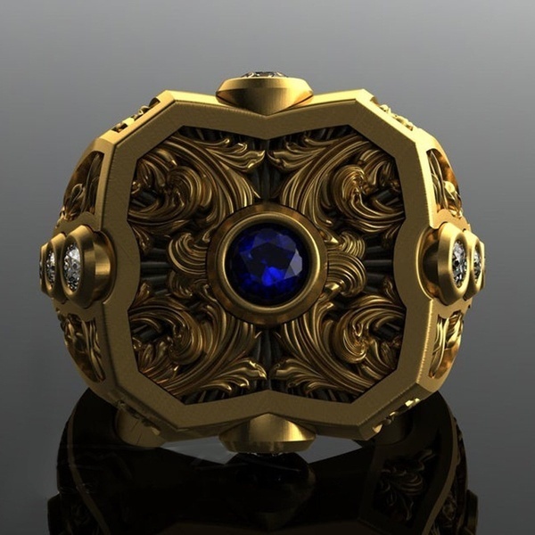 [X C Perhiasan] Hip Hop Rock Retro Pria Fashion Cincin Permata Biru Aksesoris Perhiasan Pesta