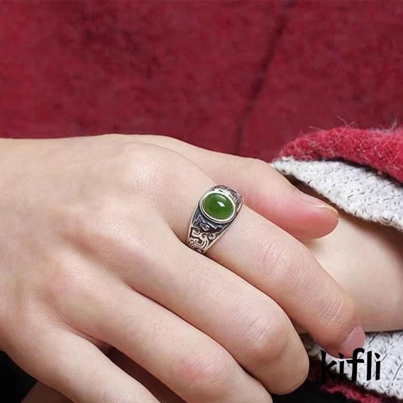 Cincin Giok Hetian Imitasi Lapis Silver Model Terbuka Dapat Disesuaikan Gaya Vintage Untuk Unisex