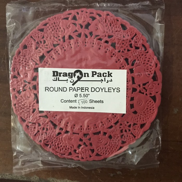 Round Paper Doyleys 5.5&quot; Merah Motif Ikan Koi  (Alas Renda Bulat Toples) - isi 100lbr