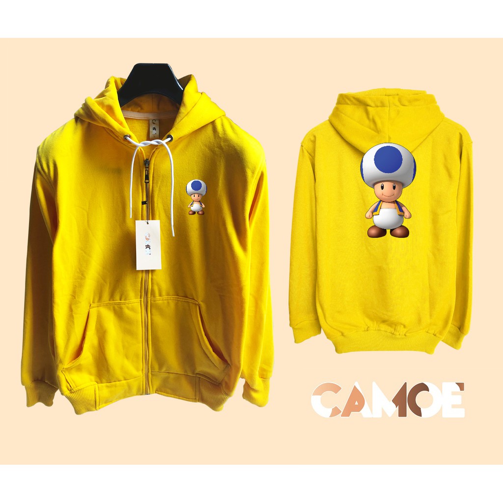 jaket hoodie zipper toad mario bros mushrooom biru jamur