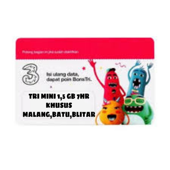voucher TRI MINI 1,5 GB 7HR(LOKAL MALAN,BATU,BLITAR