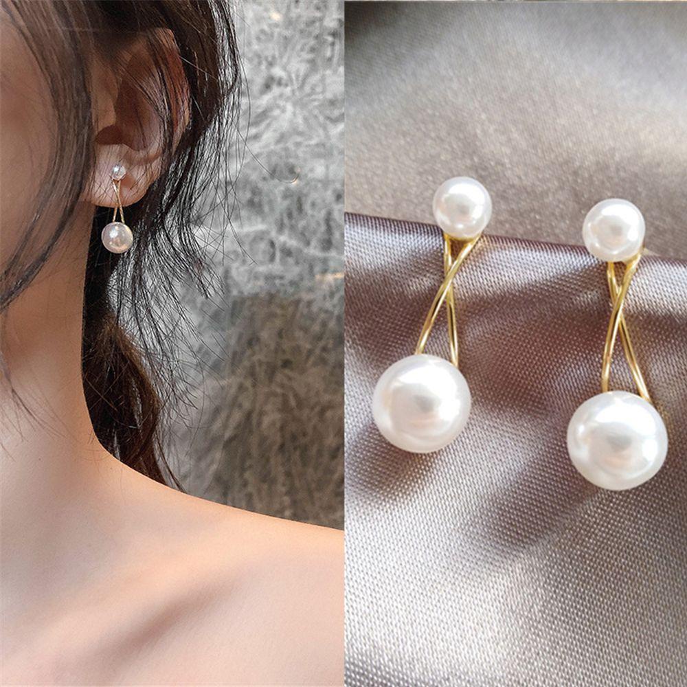 Anting LILY Garis Salib Pribadi Elegan Mutiara Imitasi Geometris