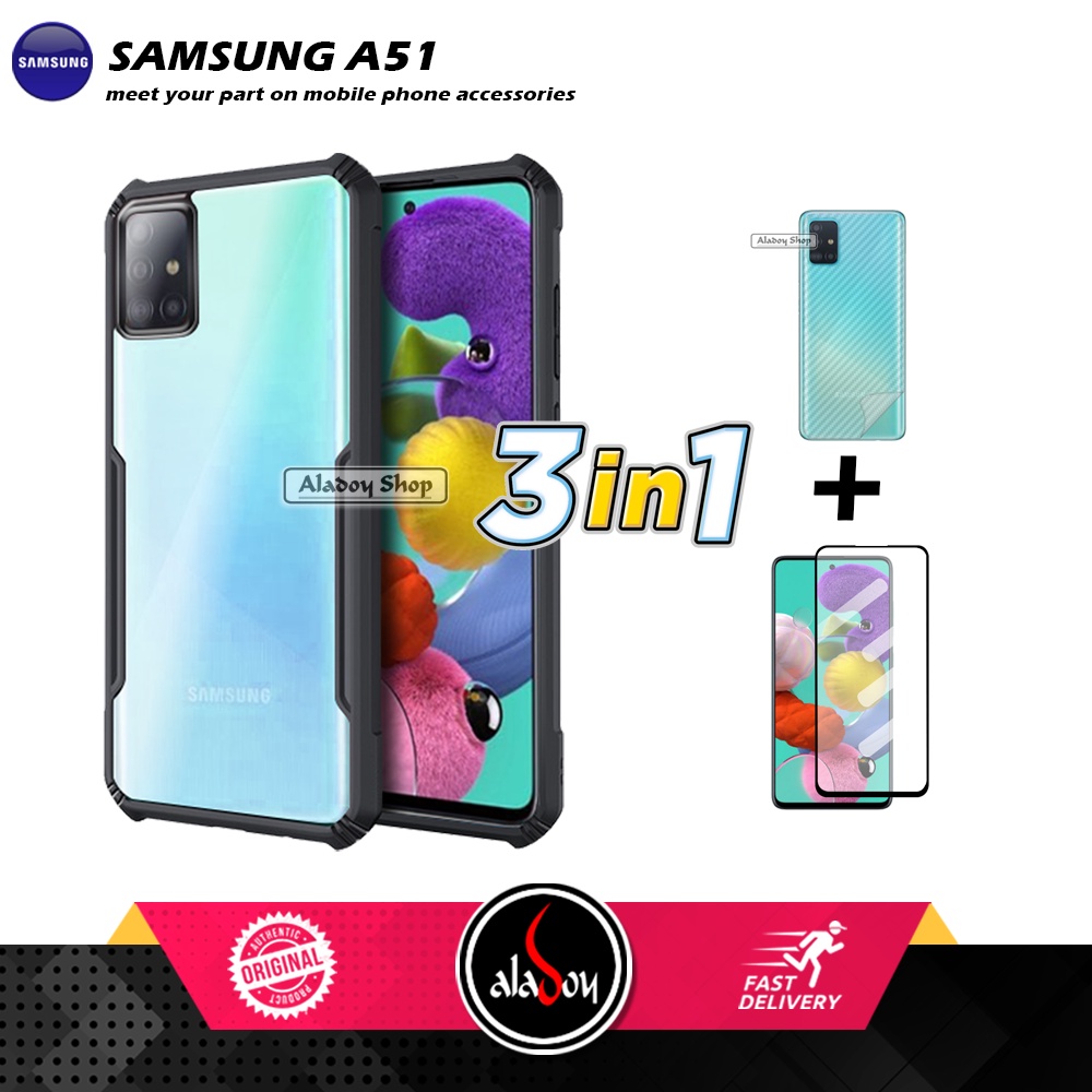 Case SAMSUNG A51 Armor Fushion Transparent Casing + Tempered Glass Full Layar dan Skin Carbon