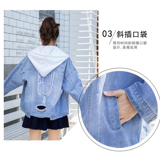 Termurah Jaket Jeans Wanita Gray Hoodie Denim (L) Import