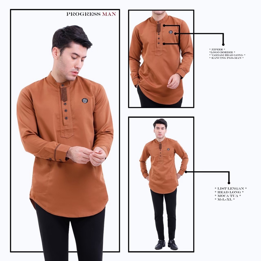 PROGRESS MAN baju koko pria lengan panjang koko kurta pangsi kemeja koko pria lengan panjang koko kurta pangsi baju kurta pangsi dewasa logo bordir Moca P4N9S107