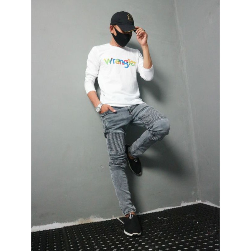 BAJU KAOS PRIA COWOK MOTIF TERBARU LENGAN PANJANG WRANGLER BLACK WHITE