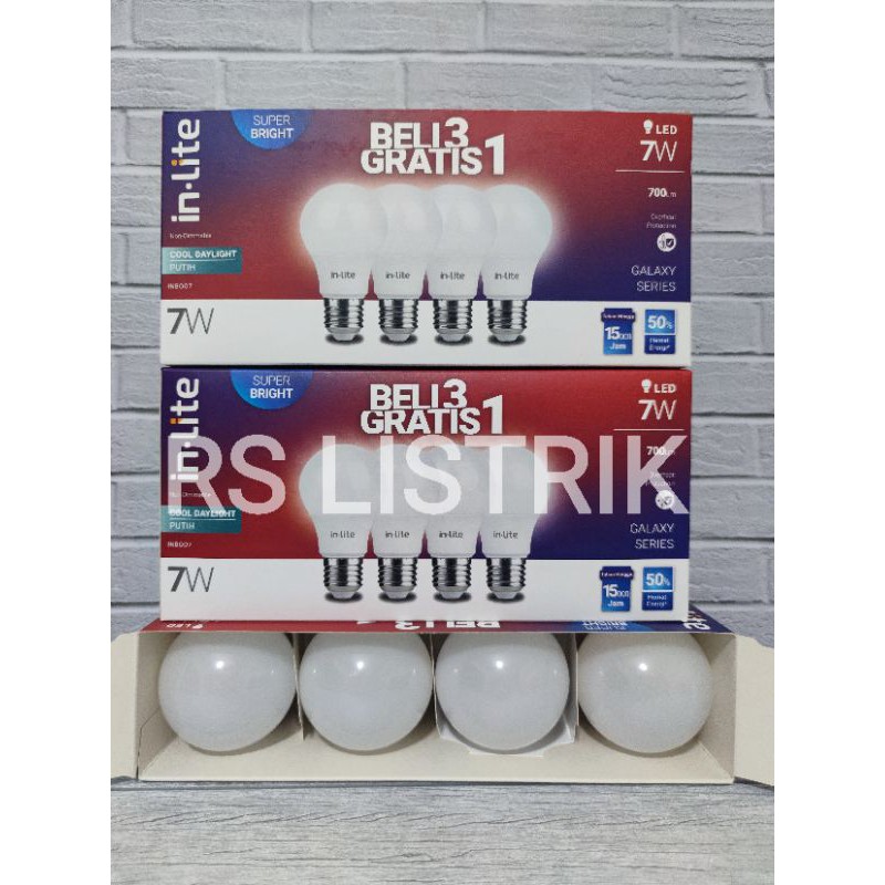 paket 7w 3pc gratis 1pc merk in lite inlite in-lite 7 watt cahaya putih lampu led bulb INB007