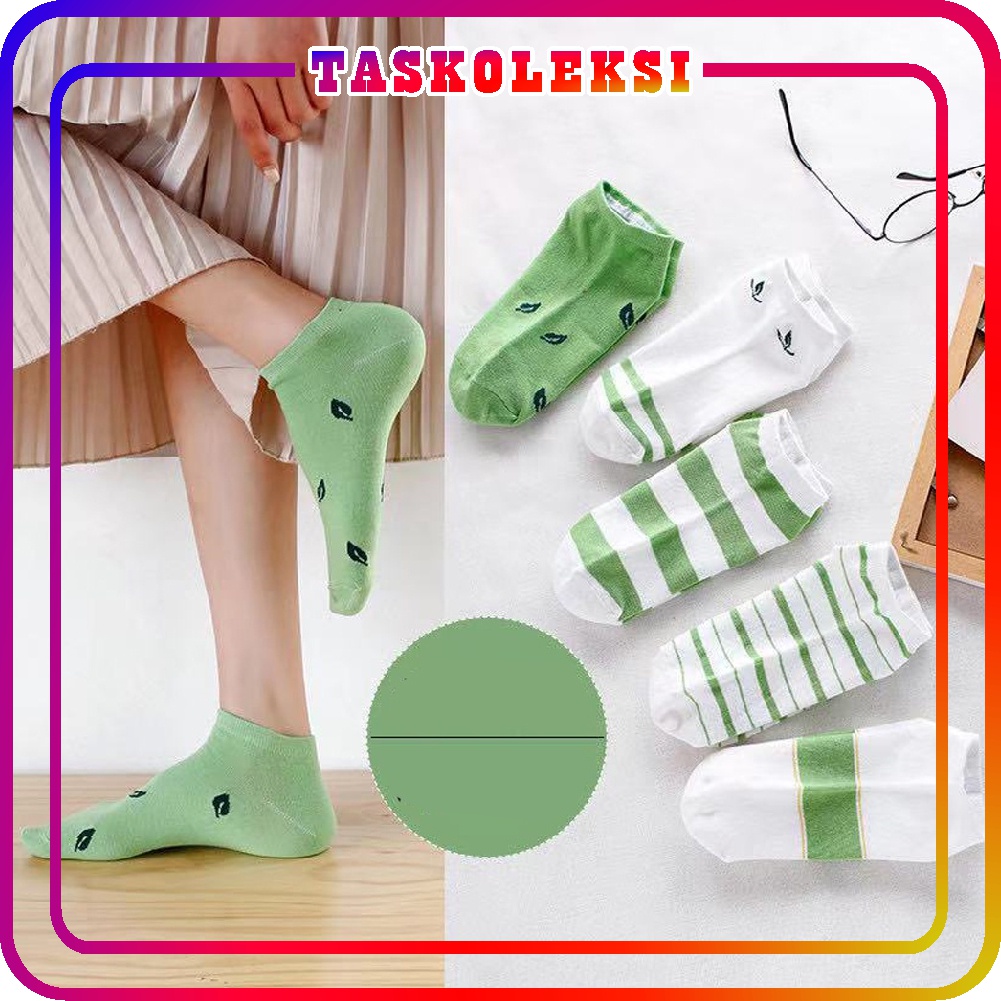 ☛TK☚ Kaos Kaki Wanita Motif Green Leaf Fashion Korea Women Sock Import Murah K005