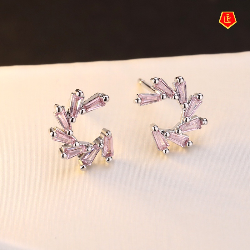 [Ready Stock]925 Silver Pink Crystal Small Ear Studs Personality