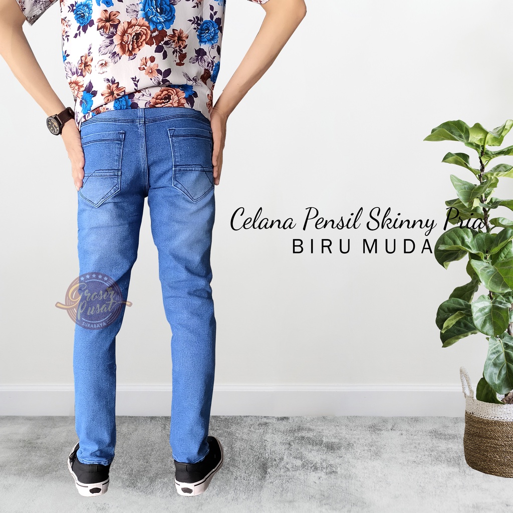 Celana Jeans Pria Pensil Skinny Biru Muda 27 - 38