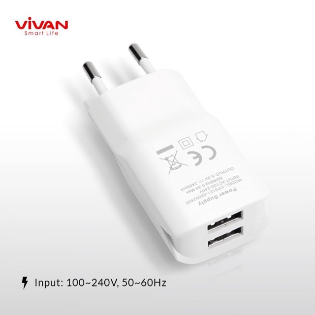 Charger VIVAN Dual USB 2.4A FREE Kabel Micro Adaptor HP Android/iPhone - Garansi 1 Tahun - DD01