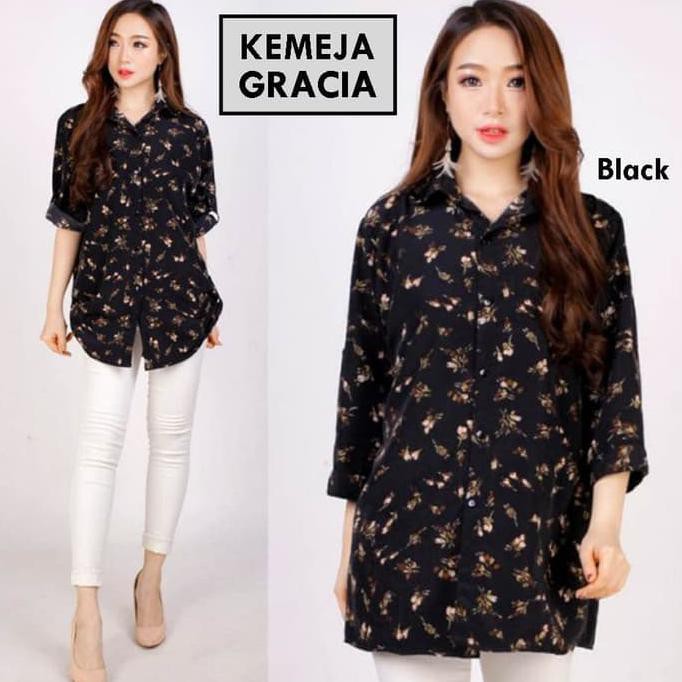 JGS334 BAJU KEMEJA JUMBO GRACIA BLOUSE WANITA BIGSIZE MOTIF CORAK - WHITE STOP MAHAL