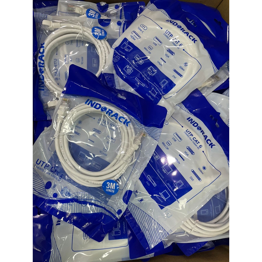 Patch Cord CAT6, 24AWG, 3 Meter Blue / White / Yellow - INDORACK 3 Meter